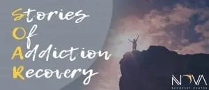 Silhouette of a person standing triumphantly atop a cliff at sunset, symbolizing breaking free from the downward spiral of addiction toward sobriety and recovery.