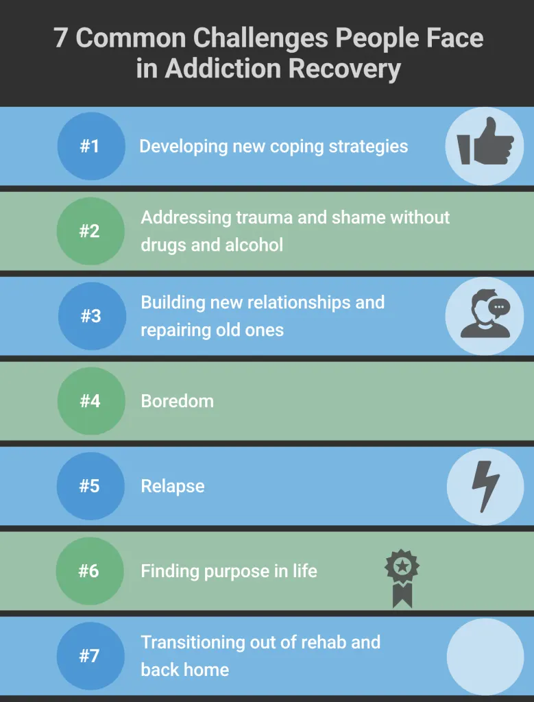 Infographic showing 7 common challenges in addiction recovery, including coping strategies, trauma, relationships, relapse, and transitioning home.