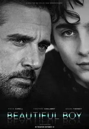 Beautiful Boy movie poster featuring Steve Carell and Timothée Chalamet in a dramatic close-up.