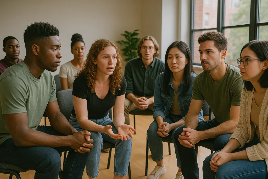 Diverse group of adults participating in outpatient alcohol rehab group therapy session