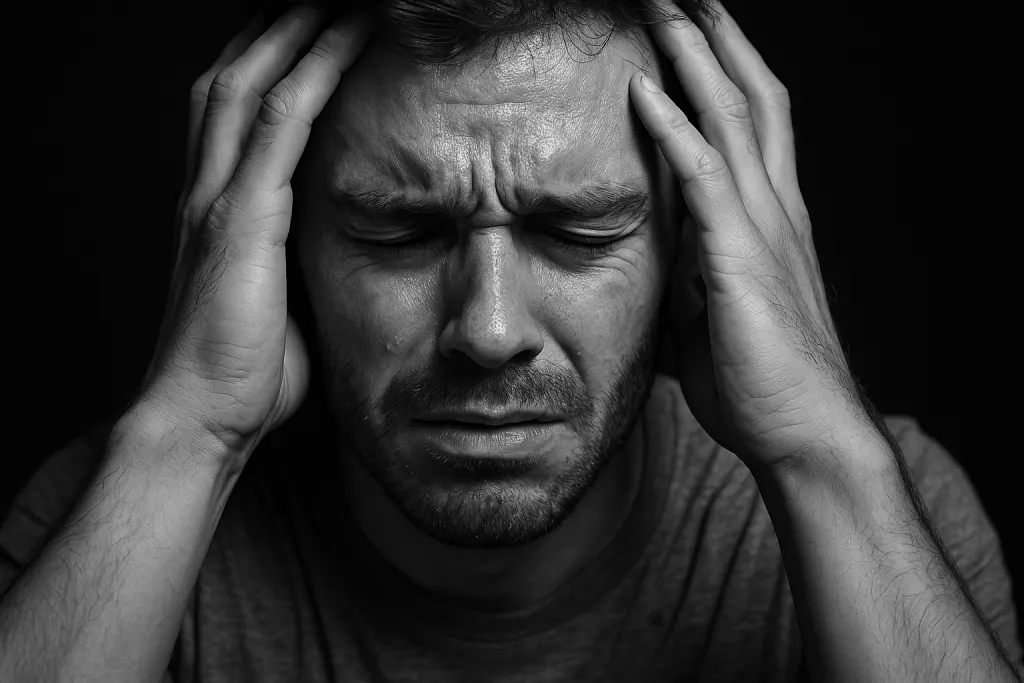 Distressed man clutching head in black and white, representing Vyvanse withdrawal symptoms