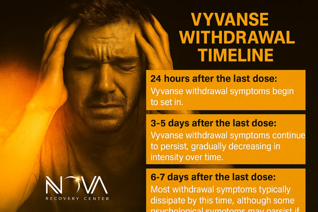Vyvanse withdrawal timeline graphic showing symptoms at 24 hours, 3–5 days, and 6–7 days after last dose