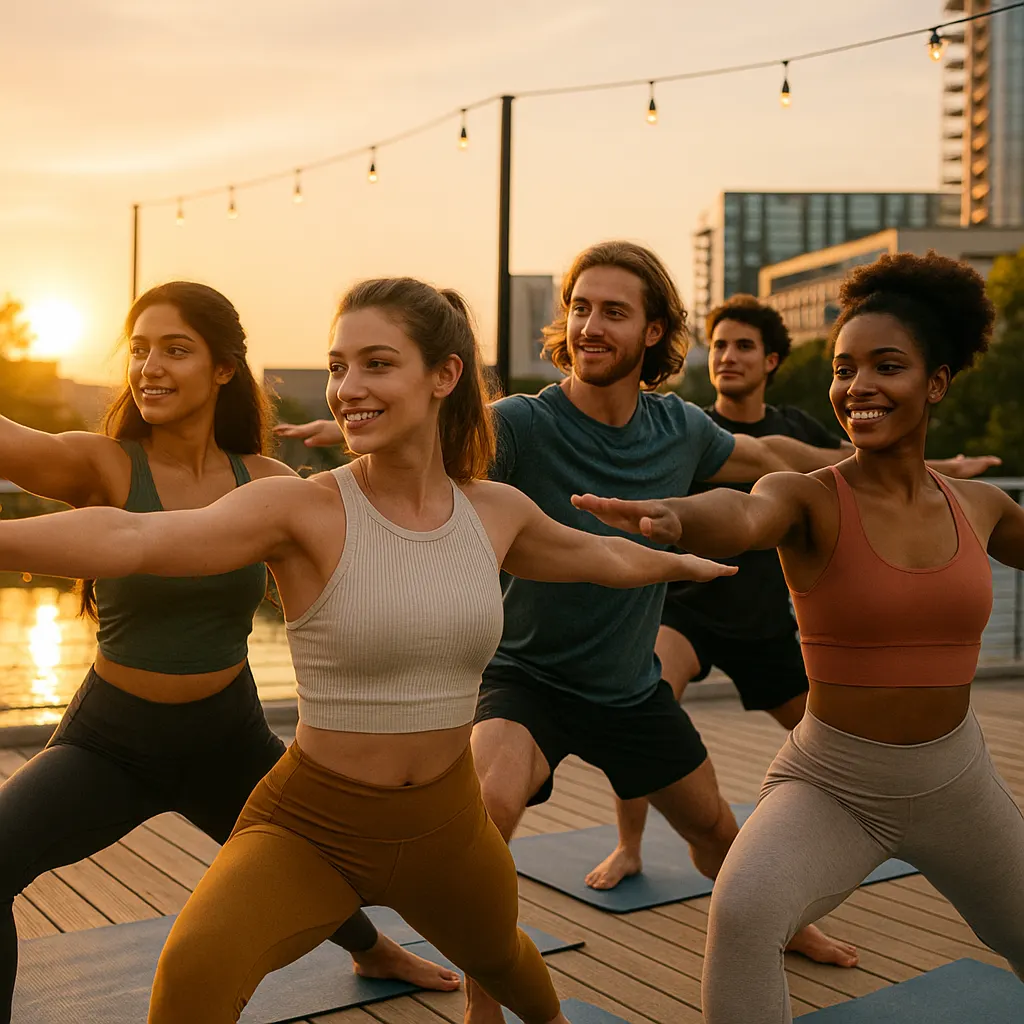 Group of young adults doing rooftop yoga at sunset, embracing a healthy lifestyle without alcohol.