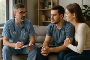 Doctor consulting with a couple about personalized alcohol detox treatment options at a medical detox center in Austin, Texas.