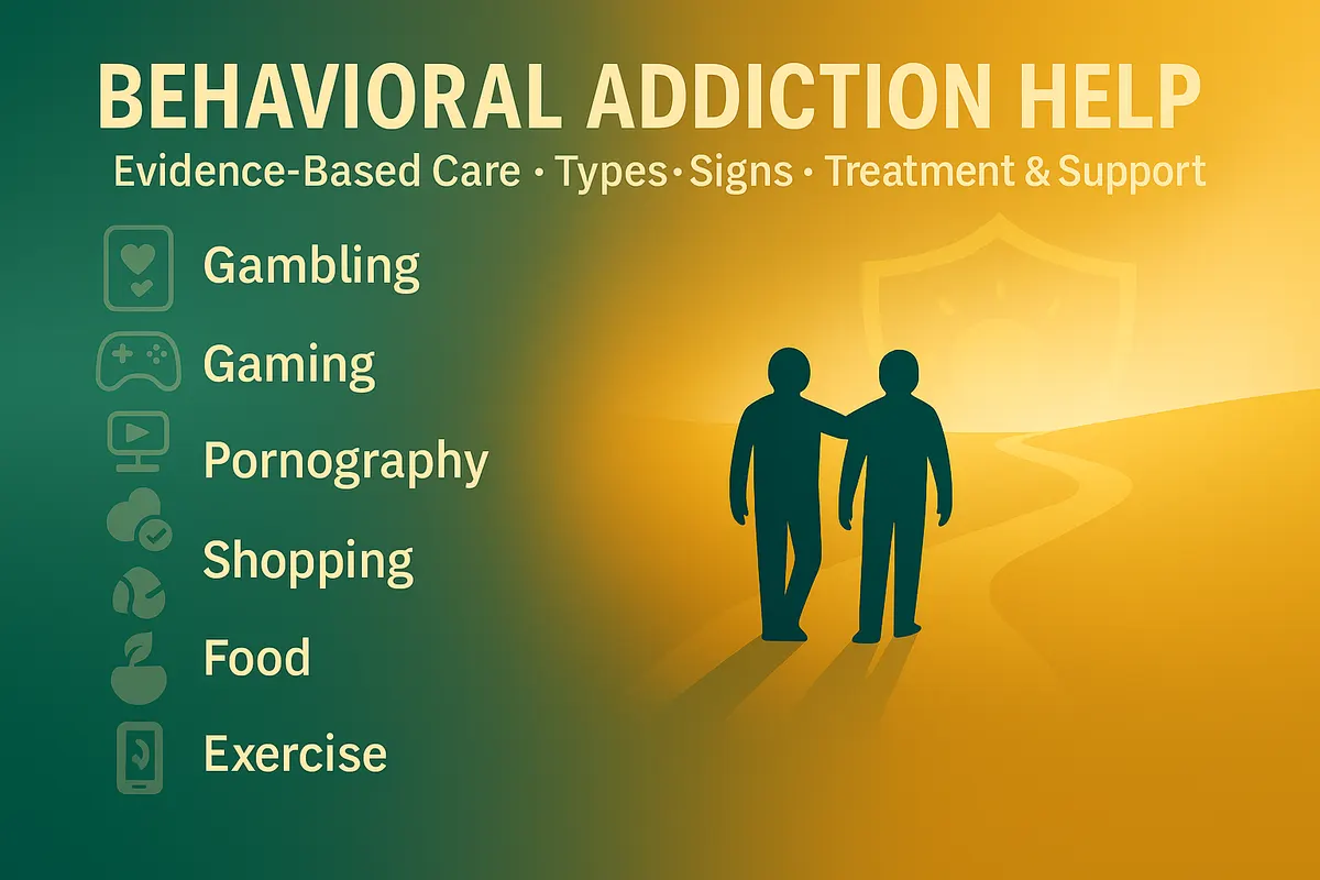 Behavioral addiction help banner showing a teal‑to‑gold path with two supportive figures and a list of behavioral addictions: gambling, gaming, pornography, shopping, food, exercise, social media.