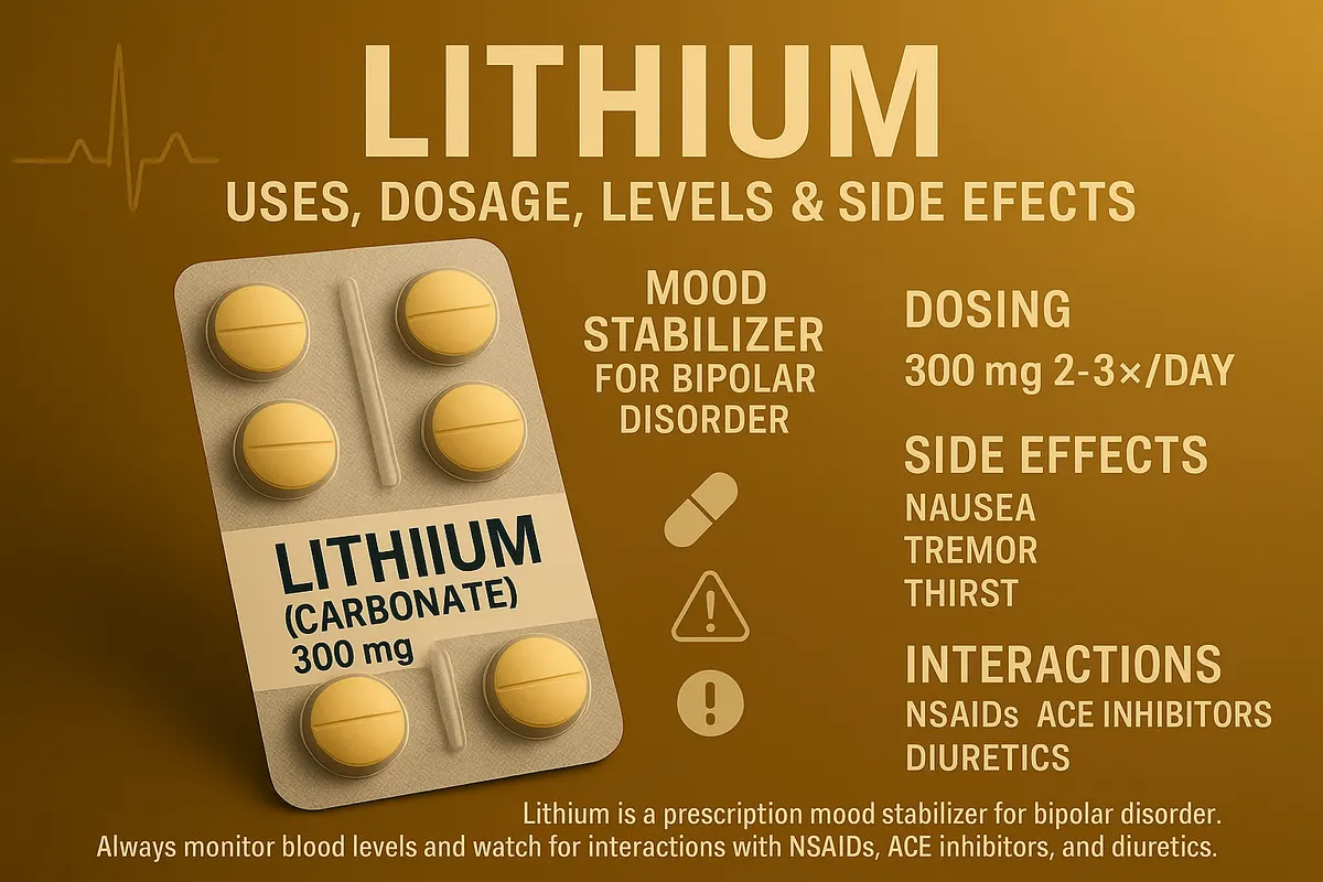 Lithium medication 300 mg blister pack — mood stabilizer for bipolar disorder with dosing, side effects, interactions, and therapeutic blood levels