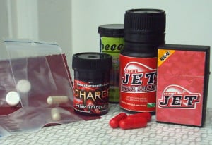 Pump‑It Powder synthetic drug packaging with red jet capsules