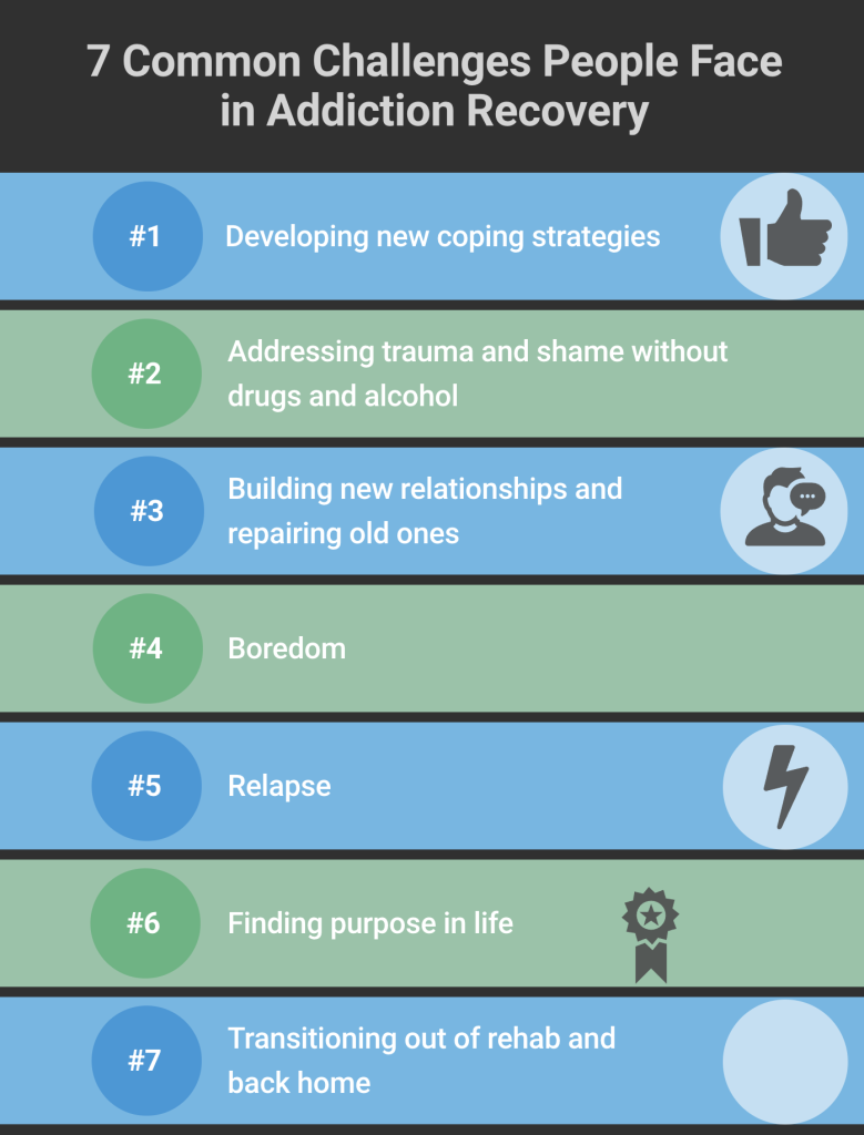 Infographic showing 7 common challenges in addiction recovery, including coping strategies, trauma, relationships, relapse, and transitioning home.