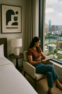 Woman in her 20s reading a book in a modern high-rise condo bedroom — cinematic overhead 35 mm shot with long hair — can you die from sleeping pills focus