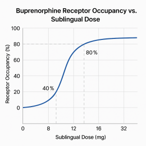 Graph showing buprenorphine receptor occupancy rising from 40% at 2 mg to 80% at 16 mg, plateauing around 84% at 32 mg.