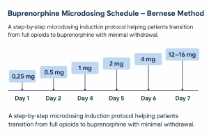 Timeline showing buprenorphine microdosing induction from Day 1 (0.25 mg) to Day 7 (12–16 mg).