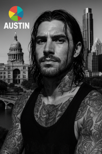 Black-and-white high‑contrast close‑up portrait of a proud young male with wet long hair and tattoos on his face, set against a deep shadow background, 35 mm sharp profile – style matching buprenorphine treatment feature.