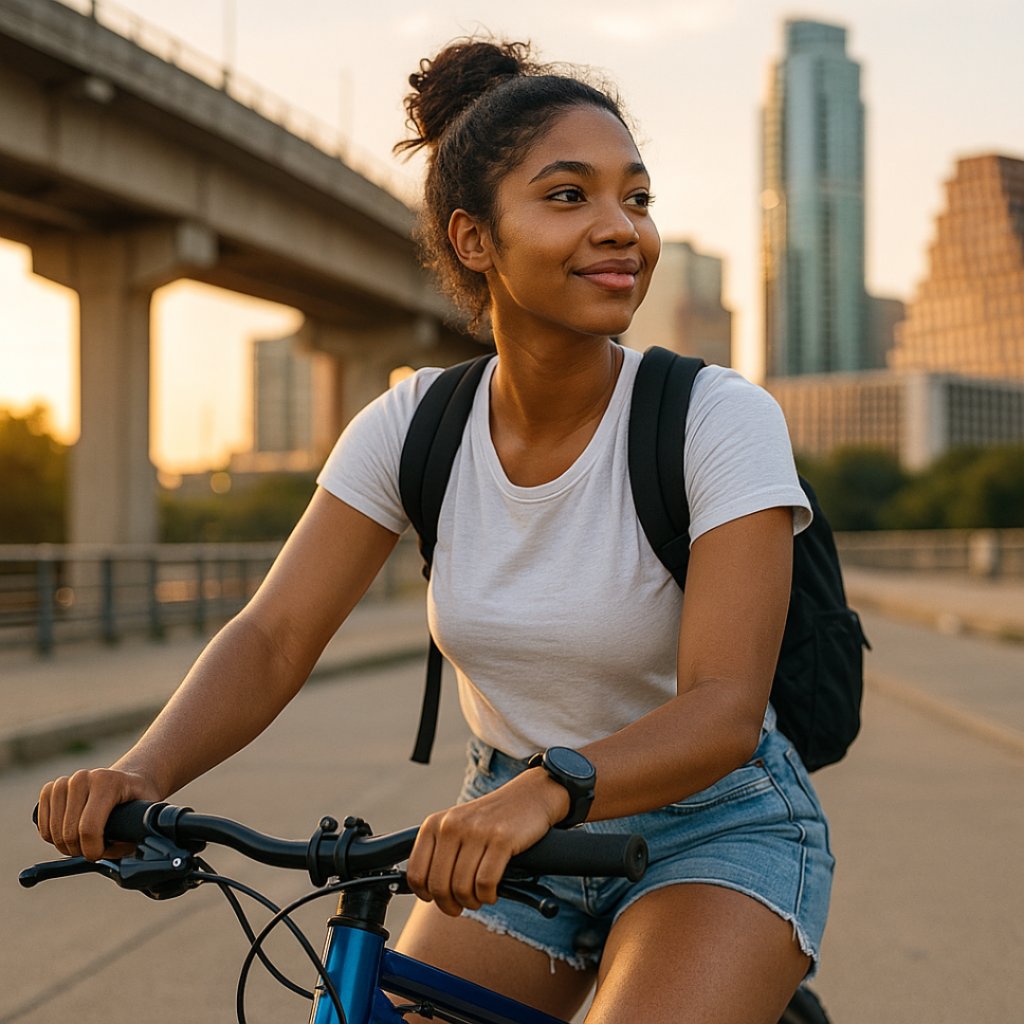 Young woman biking in Austin at sunset, symbolizing healthy choices over air duster abuse