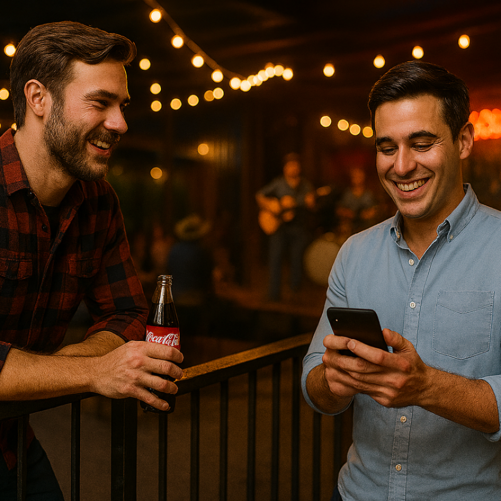 Two men reconnect in a lively Austin venue after completing prescription drug rehab for Sonata addiction.