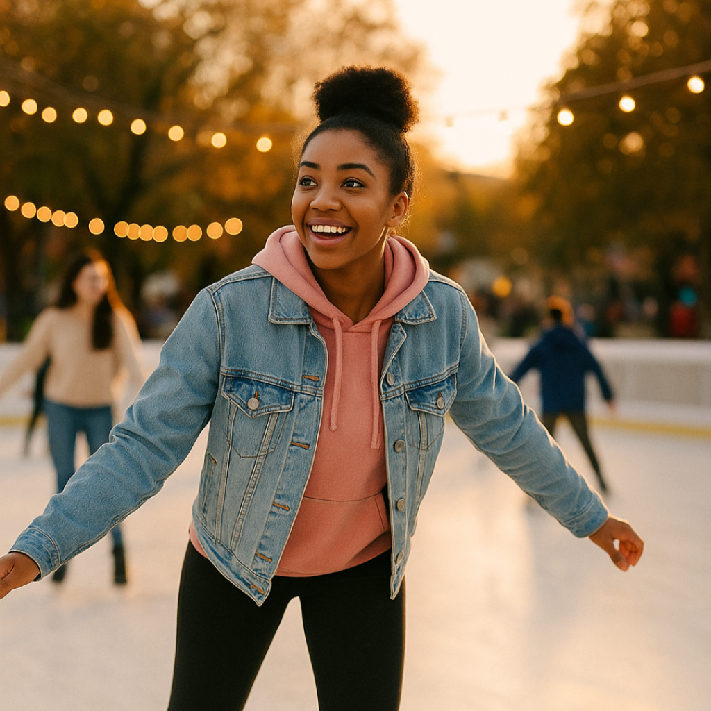 Woman ice skating outdoors with joy, showcasing life beyond air duster abuse
