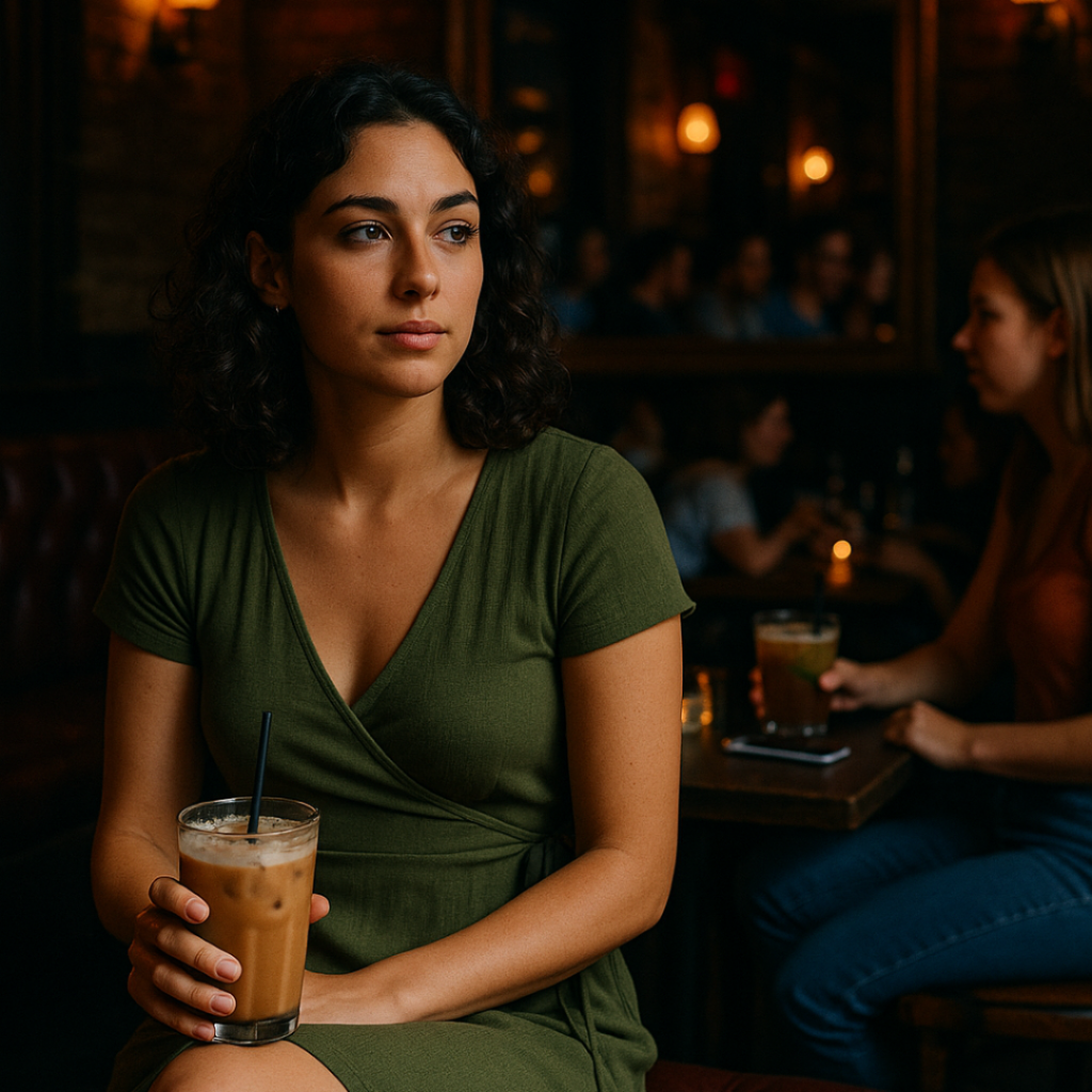 A young woman sits in quiet reflection at a dimly lit café, symbolizing emotional healing after Sonata withdrawal and prescription drug rehab.