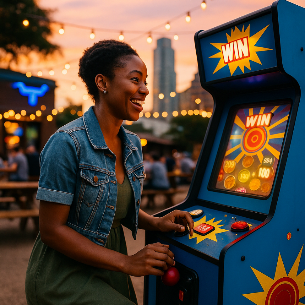 Young woman enjoying an arcade game, representing freedom from air duster addiction