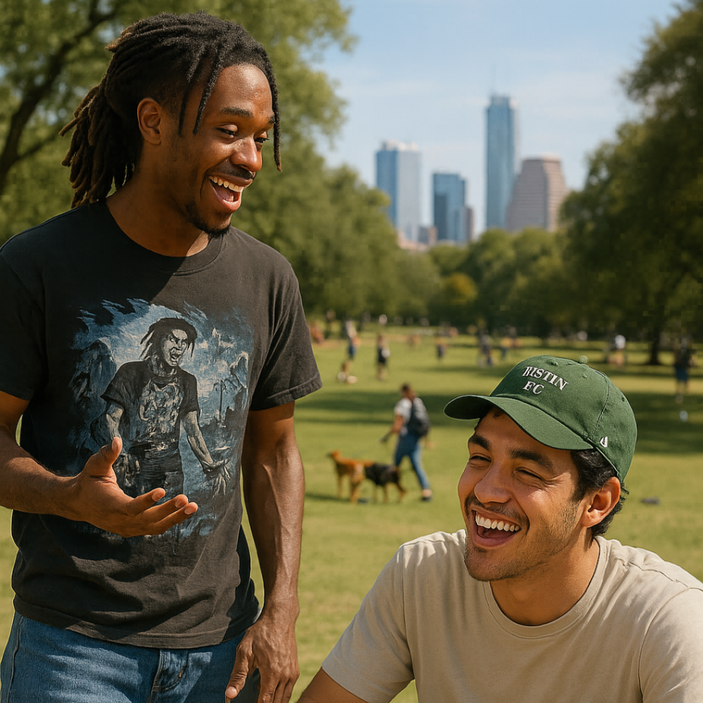Two young men smiling and talking at a park picnic table in Austin, symbolizing recovery from Sonata addiction and life after prescription drug rehab.