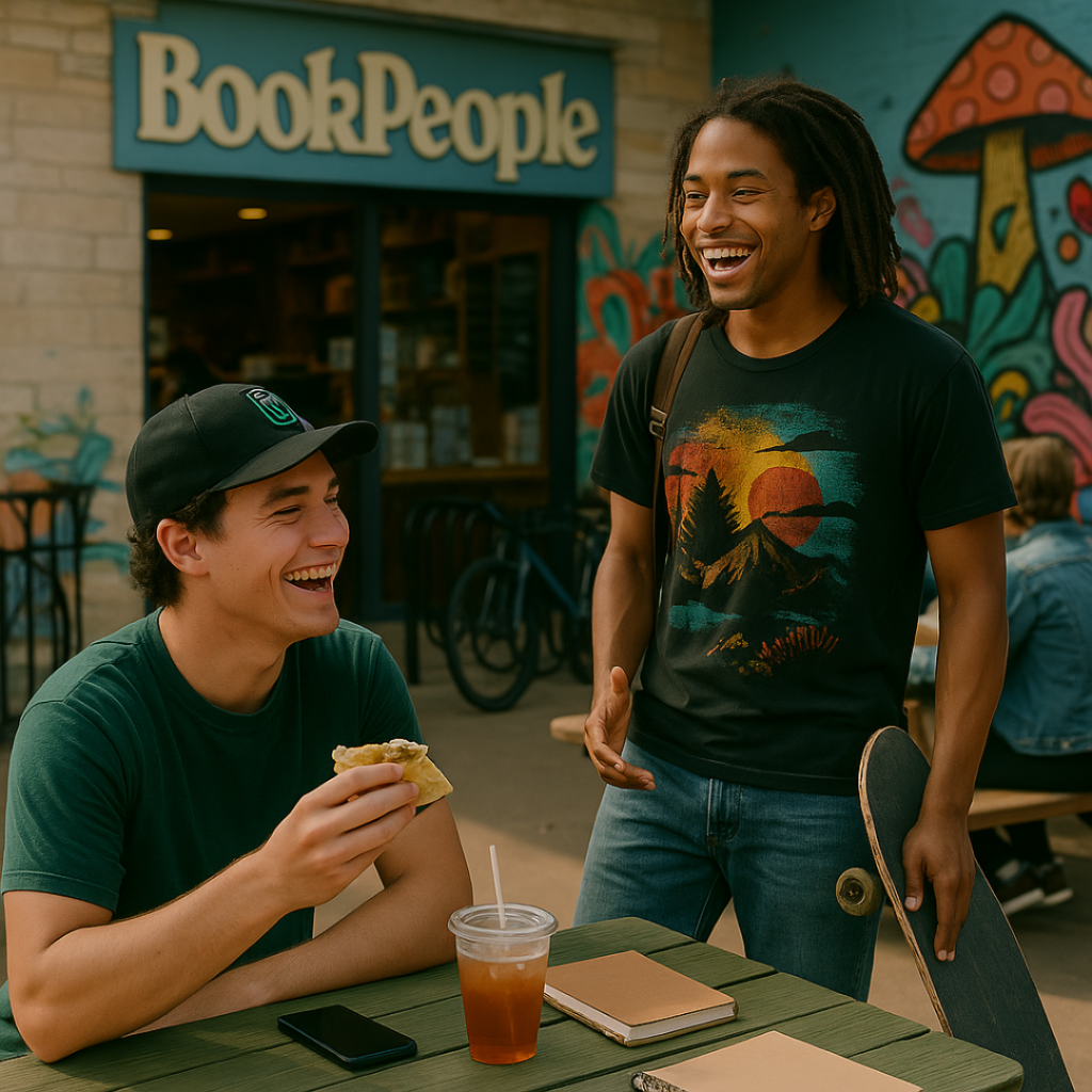 Two young men socialize outside a local Austin bookstore, representing recovery and resilience after overcoming Sonata addiction.