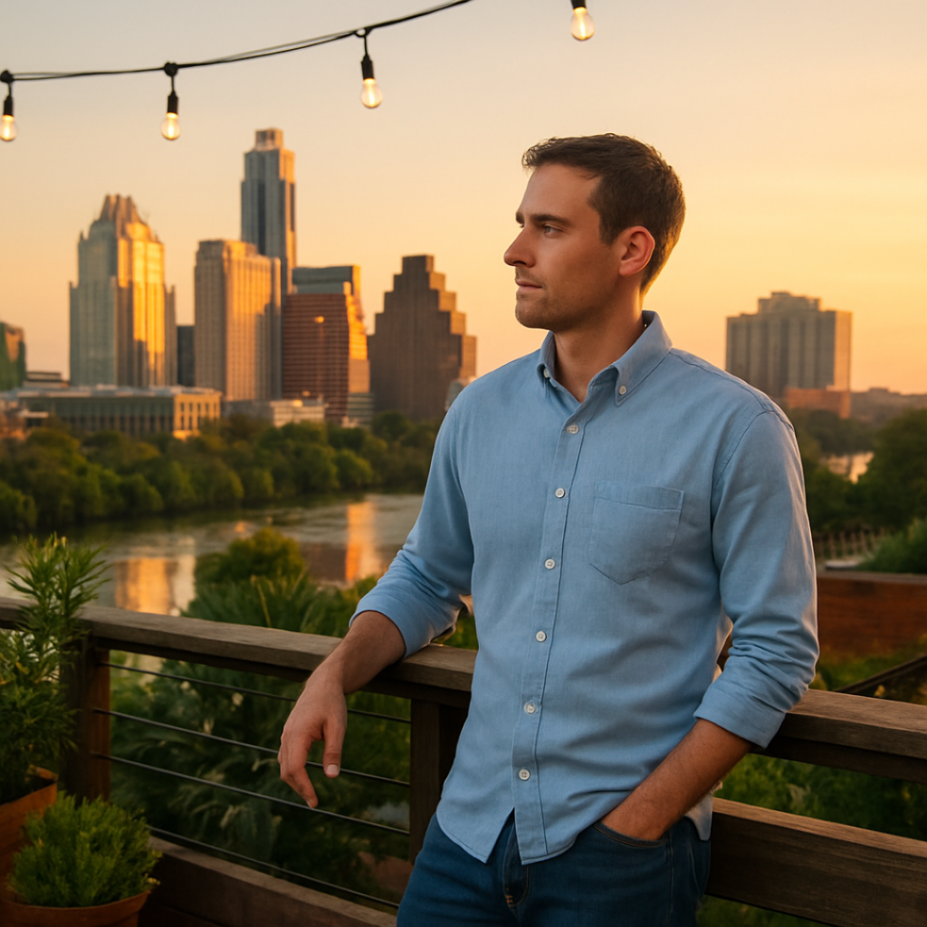Man looking at the Austin skyline during sunset, reflecting on recovery from air duster abuse
