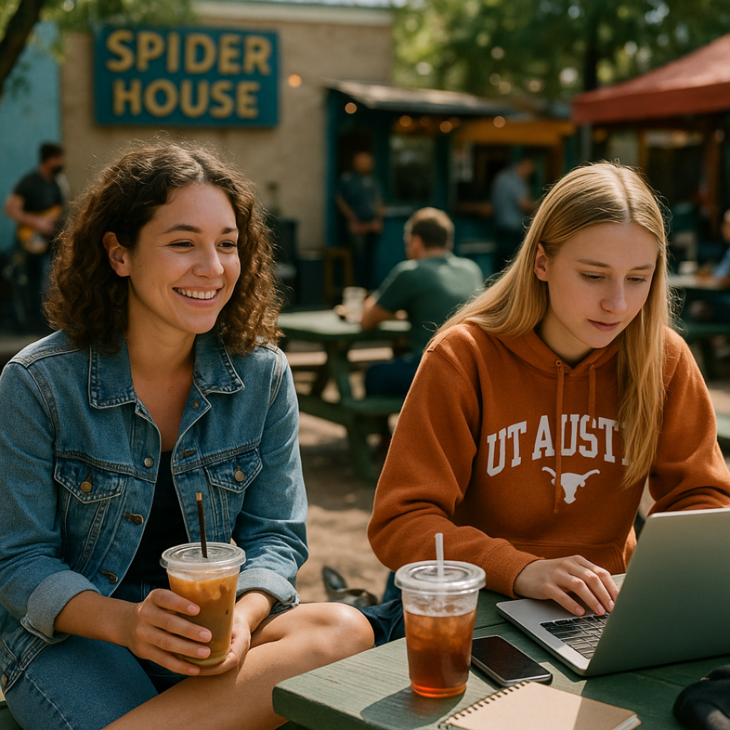 Two young women at a local Austin café working on recovery journaling and academic tasks, symbolizing a lifestyle free from Sonata addiction.