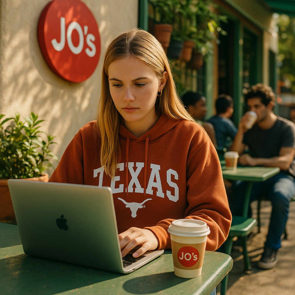 Woman focused on work at Jo’s Coffee, showing purpose after air duster abuse