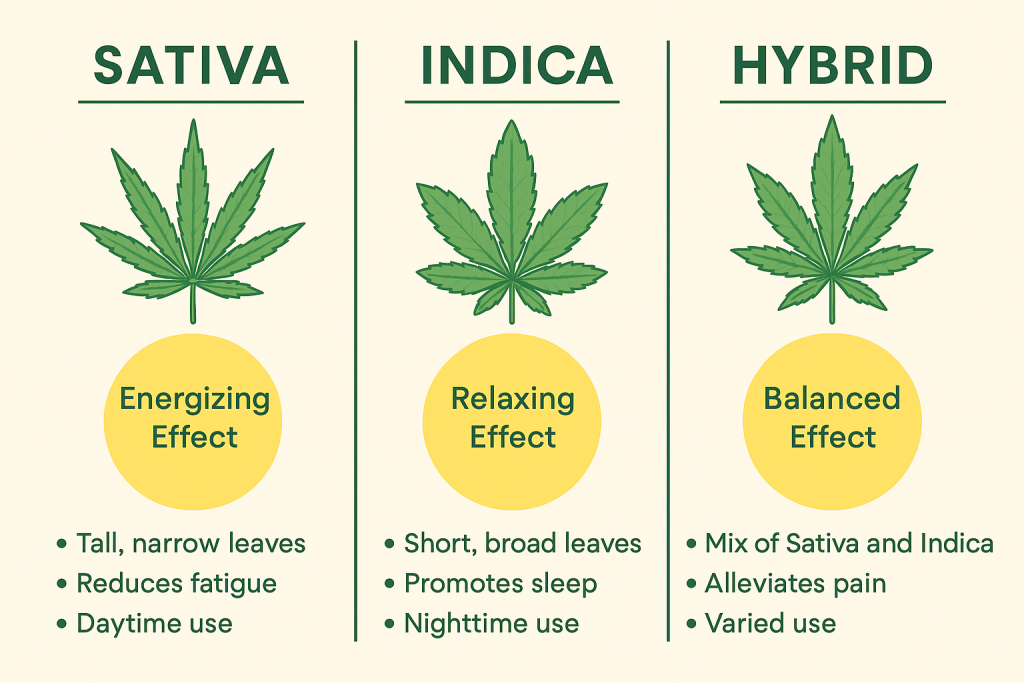 2D infographic comparing Sativa, Indica, and Hybrid cannabis strains with effects, characteristics, and typical uses.