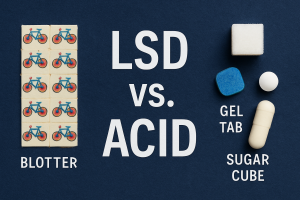 LSD vs Acid - Visual comparison of various LSD forms including blotter tabs, gel tabs, and sugar cubes