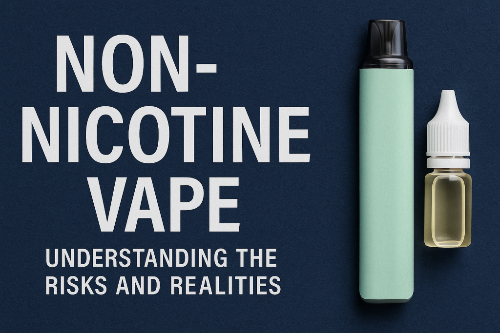 Non-nicotine vape device with a clear e-liquid bottle, highlighting the risks and realities of vaping without nicotine.