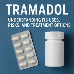 Tramadol blister pack and prescription bottle on a blue background, highlighting the uses, risks, and treatment options.