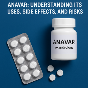 Close-up of Anavar (oxandrolone) tablets and a prescription bottle on a blue background, highlighting the drug's uses, side effects, and risks.