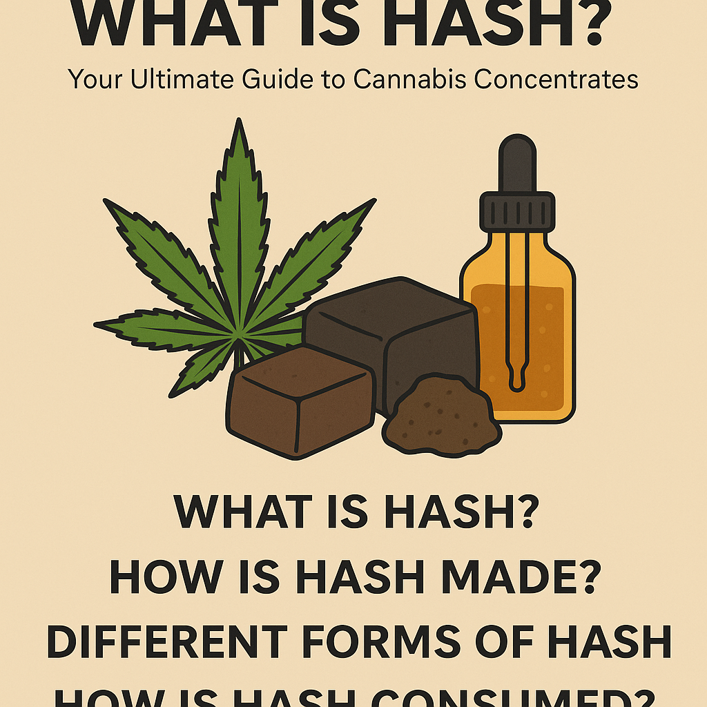 "A clean and informative graphic showcasing hashish with cannabis illustrations and key topics like 'What is Hash?' and 'How is Hash Made?'."