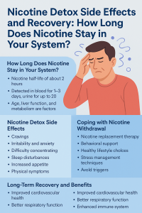 Infographic showcasing nicotine detox side effects, recovery, and how long nicotine stays in the system.