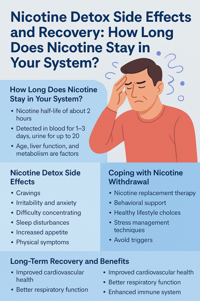 Infographic showcasing nicotine detox side effects, recovery, and how long nicotine stays in the system.
