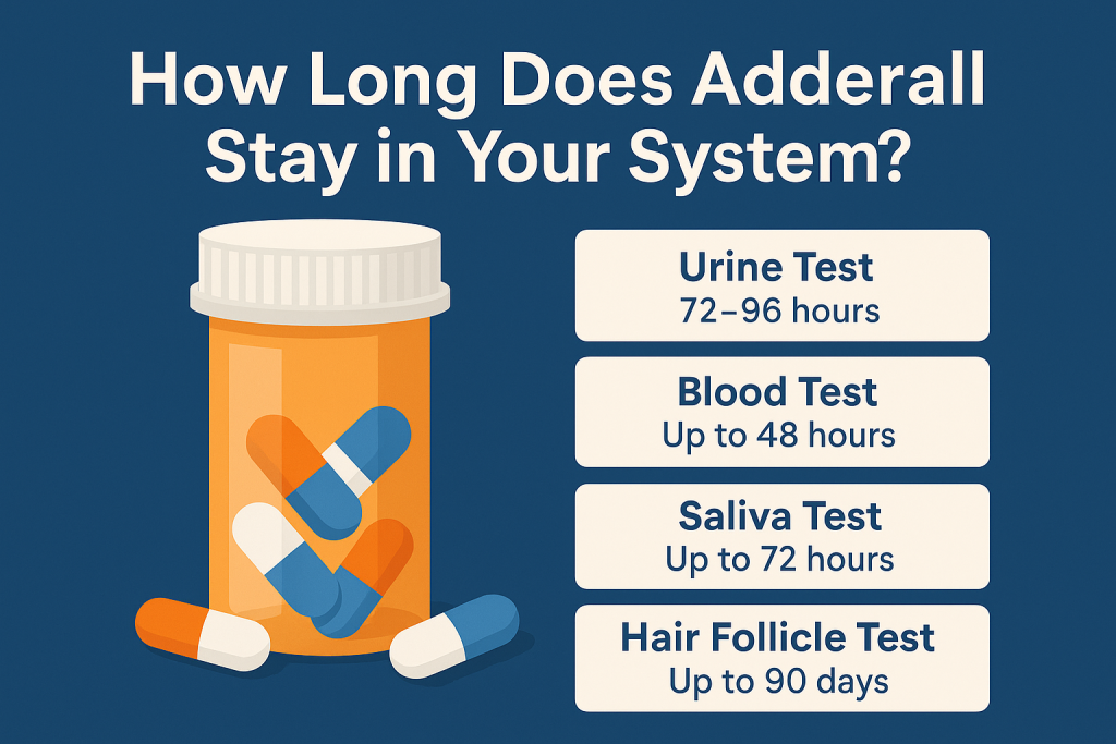 Infographic showing how long Adderall stays in your system with detection windows for various tests.