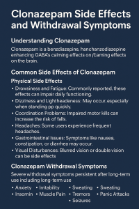 Clonazepam side effects and withdrawal symptoms infographic, detailing common and serious side effects along with withdrawal symptoms like anxiety, sweating, and muscle pain