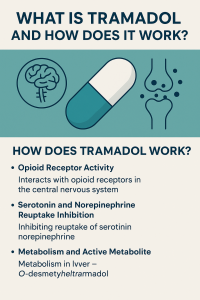 Infographic explaining how tramadol works, including opioid receptor interaction, serotonin and norepinephrine reuptake inhibition, and metabolism.