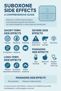 Suboxone Side Effects Infographic, including short-term, severe, and long-term effects along with tips for managing side effects.