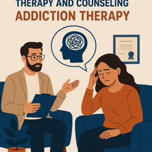 A therapy session showing a female client in an orange sweater and a male therapist in a beige blazer discussing addiction therapy. A speech bubble with a tangled head silhouette represents complex thoughts.