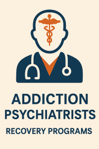 A graphic featuring the words 'ADDICTION MEDICINE PHYSICIANS' and 'RECOVERY PROGRAMS' in navy blue, with an icon of a human figure wearing a stethoscope and a brain symbol with a burnt orange caduceus in place of the head.
