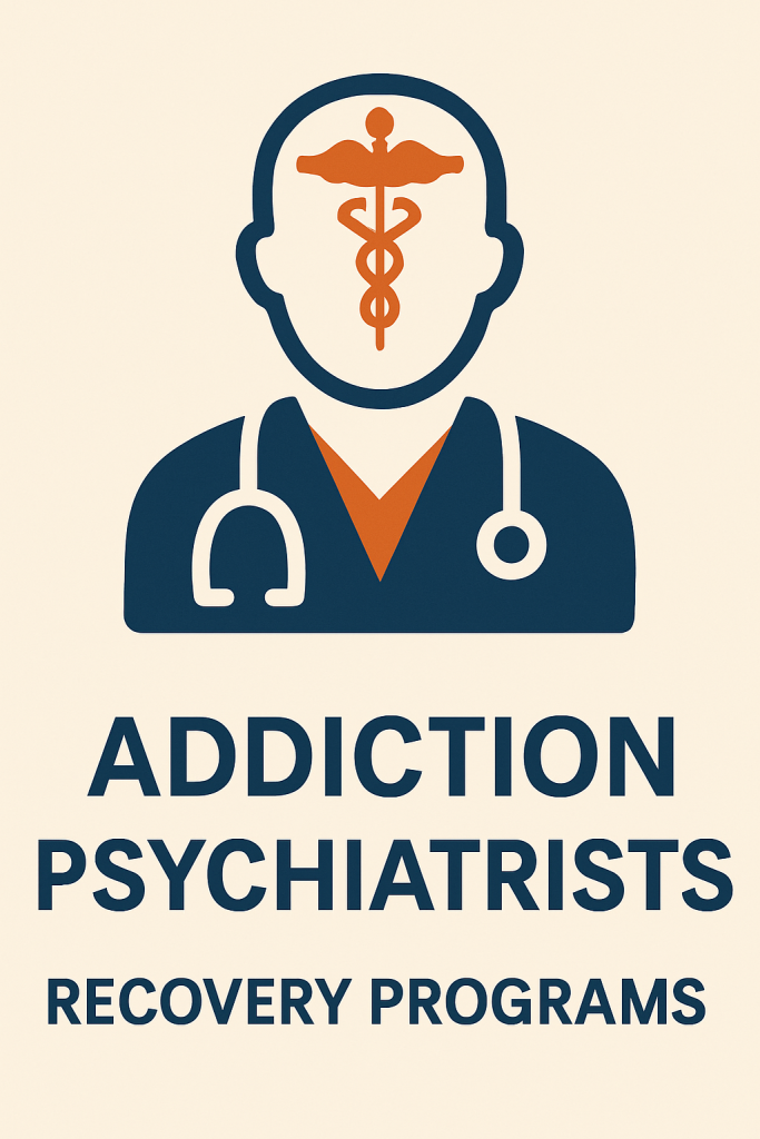 A graphic featuring the words 'ADDICTION MEDICINE PHYSICIANS' and 'RECOVERY PROGRAMS' in navy blue, with an icon of a human figure wearing a stethoscope and a brain symbol with a burnt orange caduceus in place of the head.