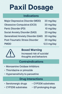 Infographic displaying Paxil dosage guidelines, including starting and maximum doses for MDD, OCD, PD, SAD, GAD, PTSD, and PMDD, along with boxed warning, contraindications, drug interactions, and special populations recommendations.