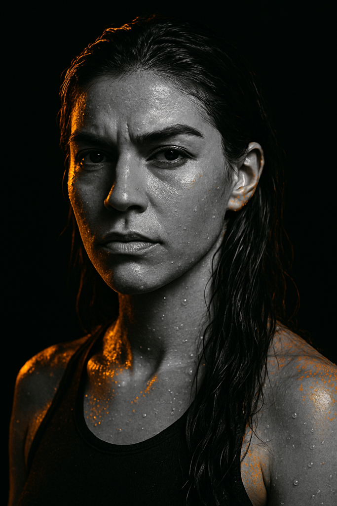Close-up portrait of a determined woman with droplets of sweat on her face and shoulders, lit dramatically in black and orange tones, conveying resolve in recovery from Paxil addiction.