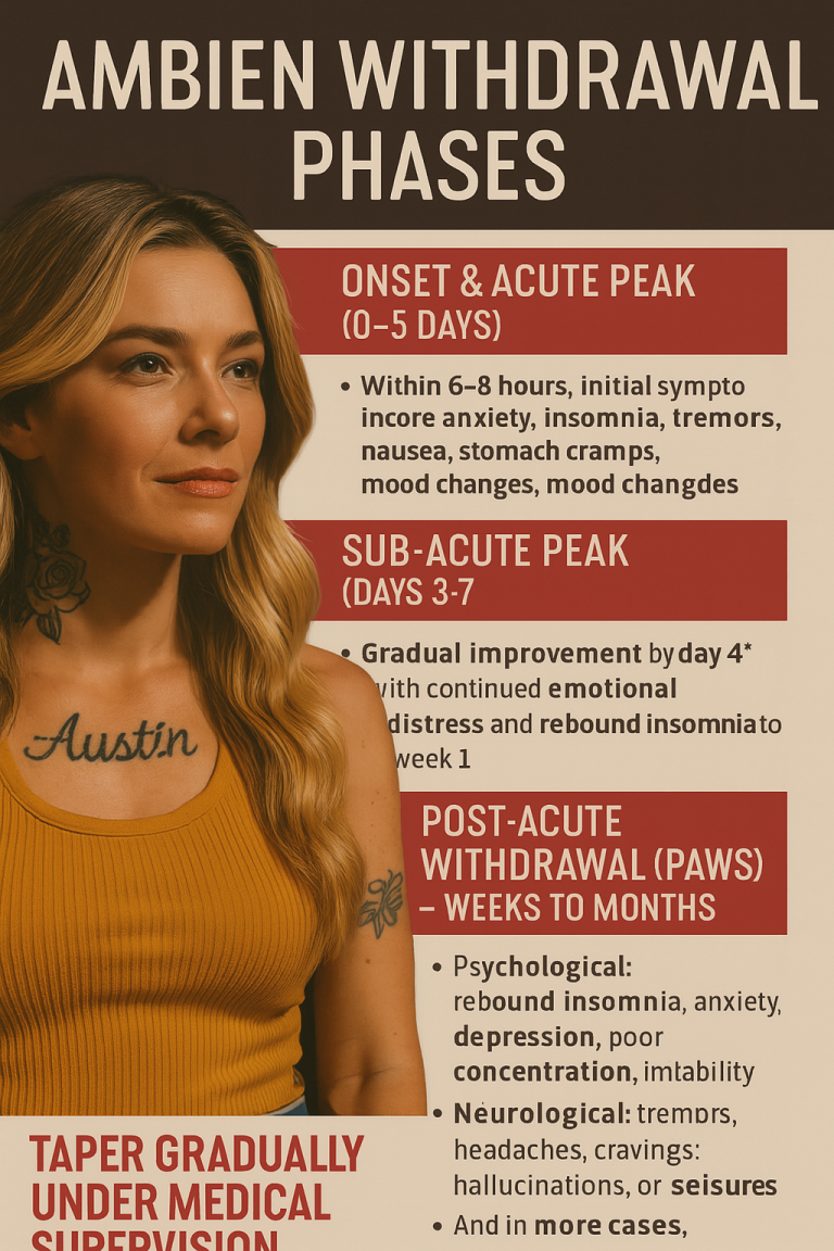 Infographic outlining the phases of Ambien withdrawal with a confident young woman