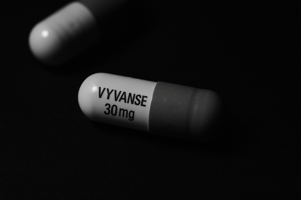 Close-up black and white image of a Vyvanse capsule on a dark background