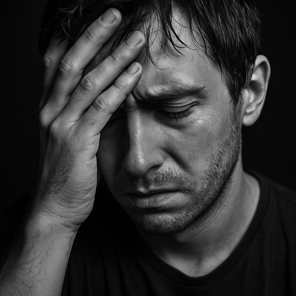 Black and white close-up of a distressed man holding his head, depicting Vyvanse withdrawal symptoms