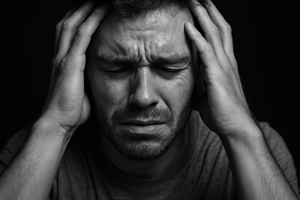 Distressed man clutching head in black and white, representing Vyvanse withdrawal symptoms