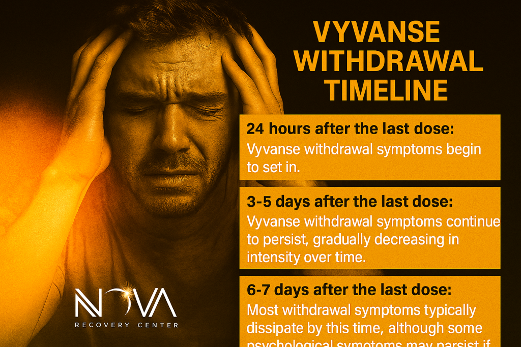 Vyvanse withdrawal timeline graphic showing symptoms at 24 hours, 3–5 days, and 6–7 days after last dose