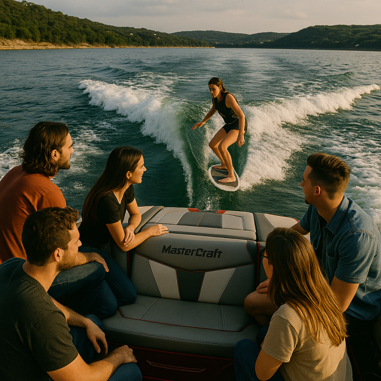 Young adults in recovery from drug addiction wake surfing on Lake Travis, engaging in a treatment program promoting connection and support