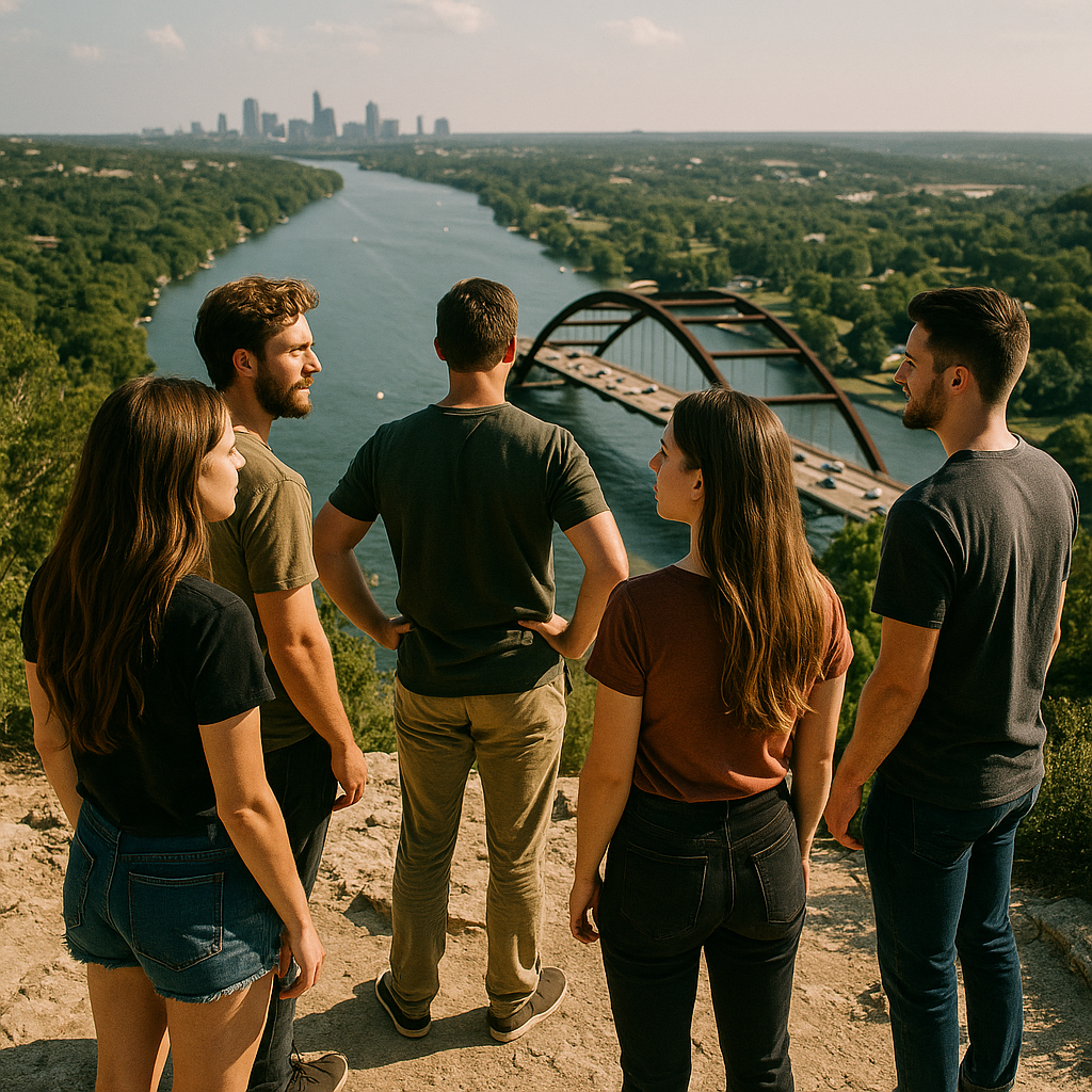 Young adults in Austin, Texas recovering from drug addiction stand atop Mount Bonnell, overlooking Lake Austin and the Pennybacker Bridge
